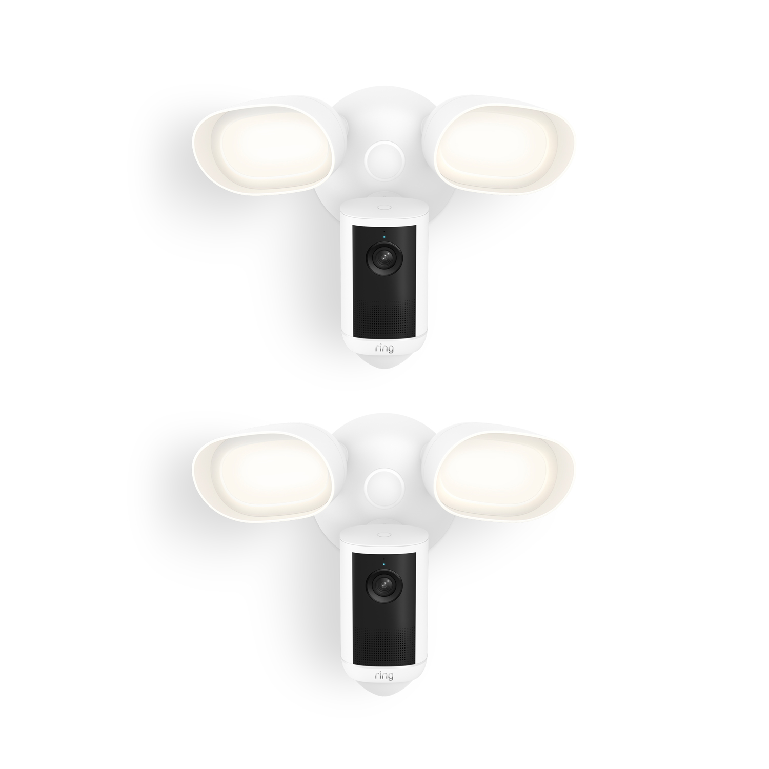 Floodlight Cam 4K Plus - Two white Ring floodlight cams with dual LED lamps and central camera units, shown front-facing on a plain white background.
