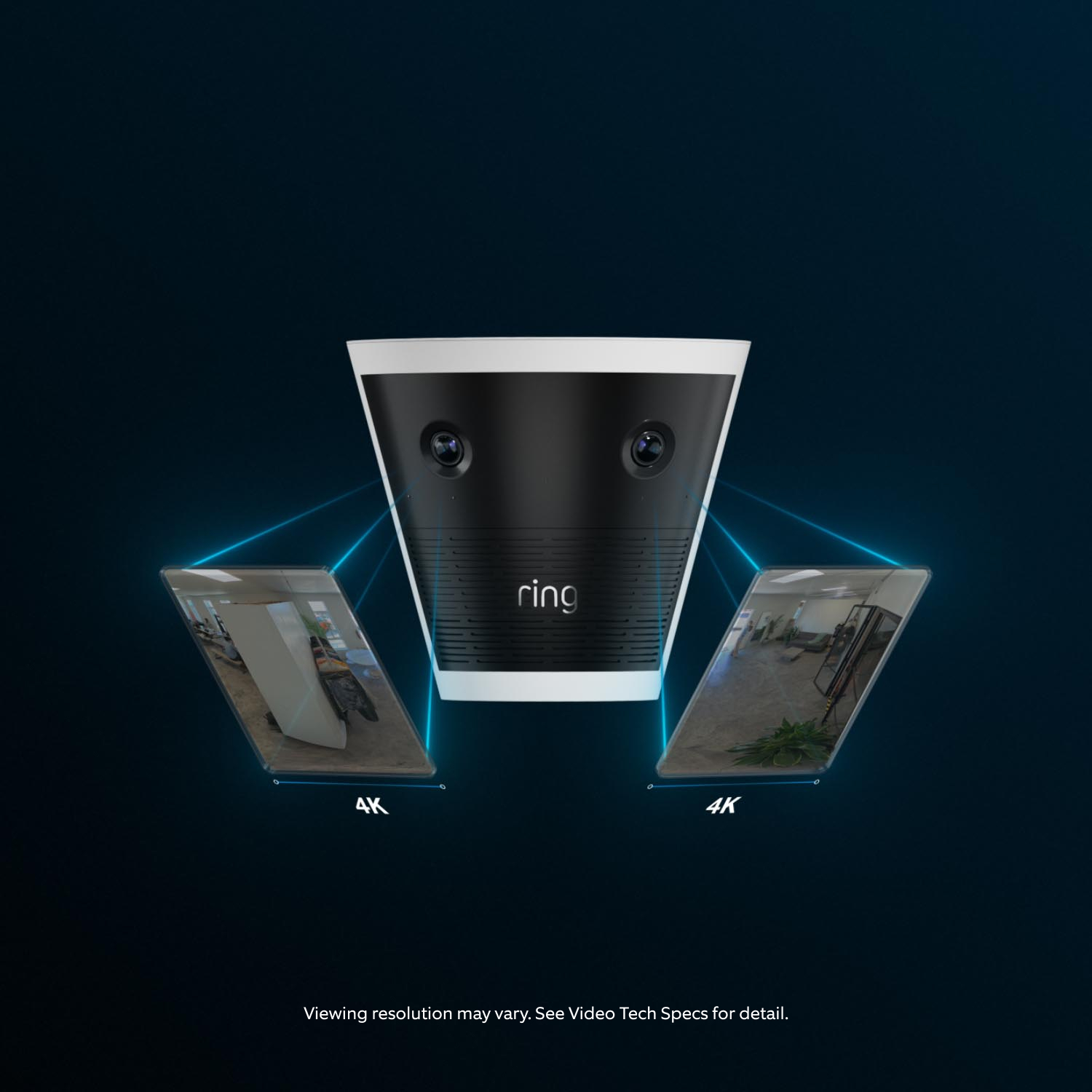 Ring Elite 140 4K - Black and white Ring ceiling camera with dual lenses, shown with two linked 4K video feeds of indoor areas on a dark blue background.