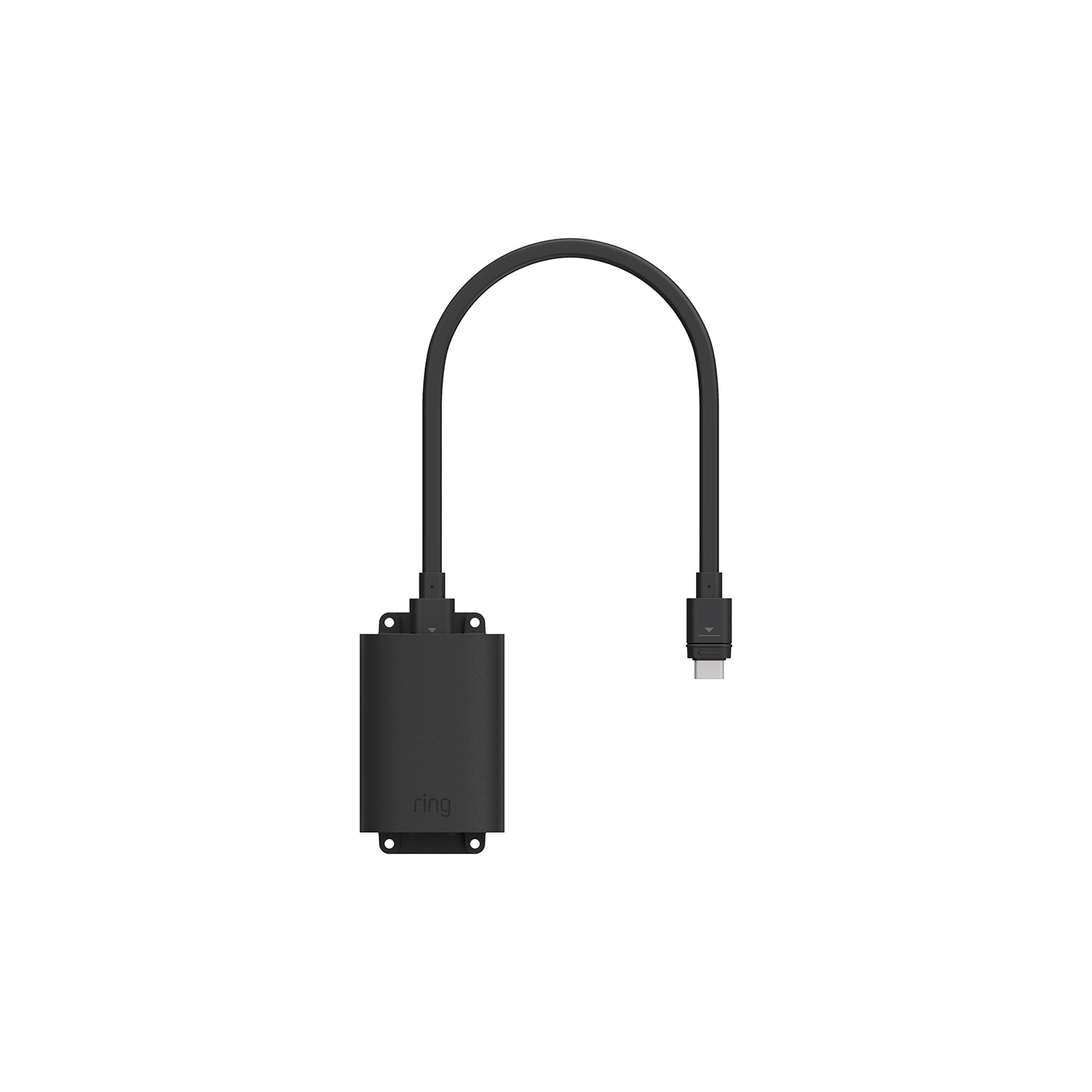 PoE+ to USB-C Indoor Adapter (Indoor Cam 4K, Outdoor Cam 4K Plus, Outdoor Cam 4K Pro, Outdoor Cam Plus) - Black Ring power adapter with a short flexible cable and USB-C connector, shown on a white background.