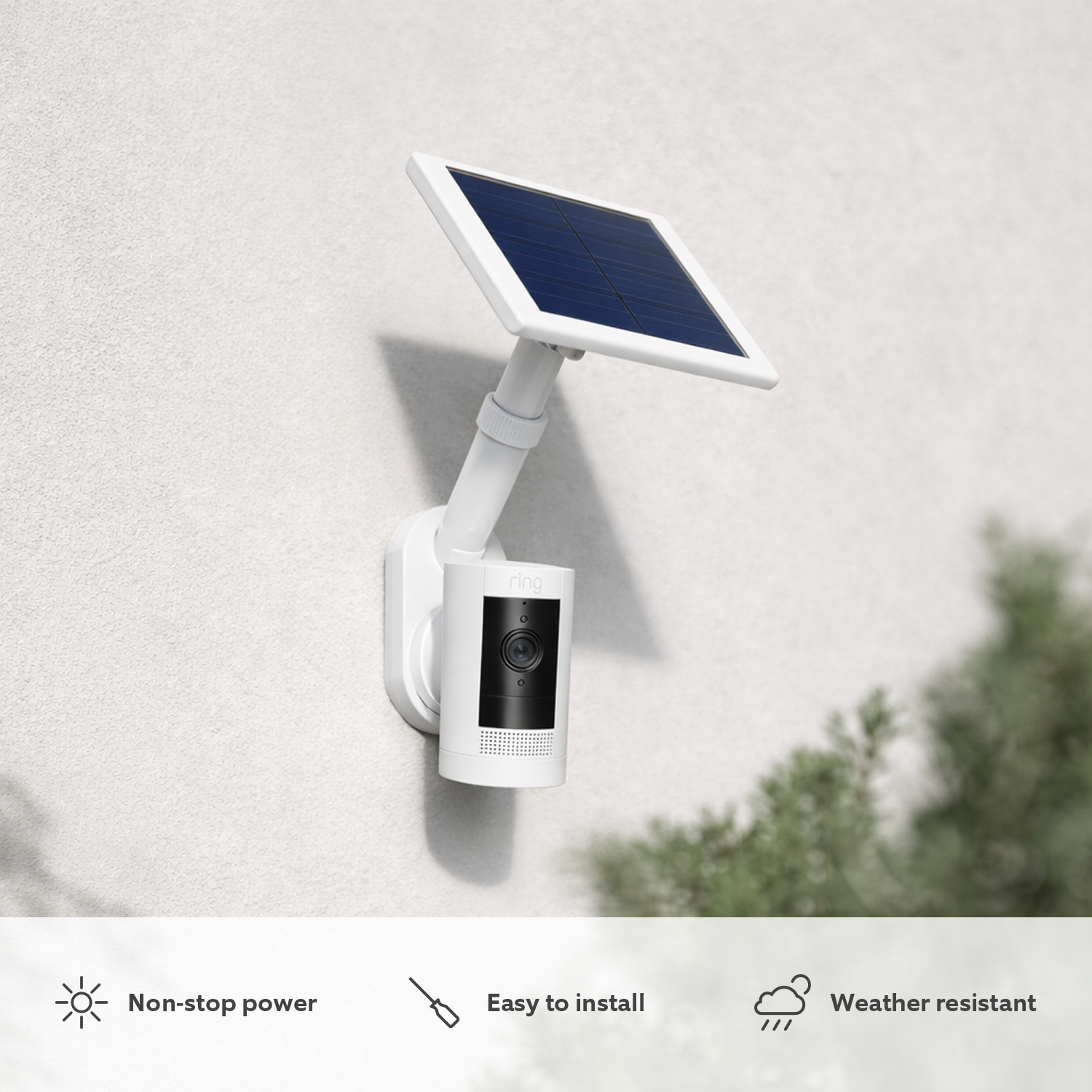 Outdoor Camera Solar Kit - White Outdoor Camera Solar + Pole and Wall attached to white wall