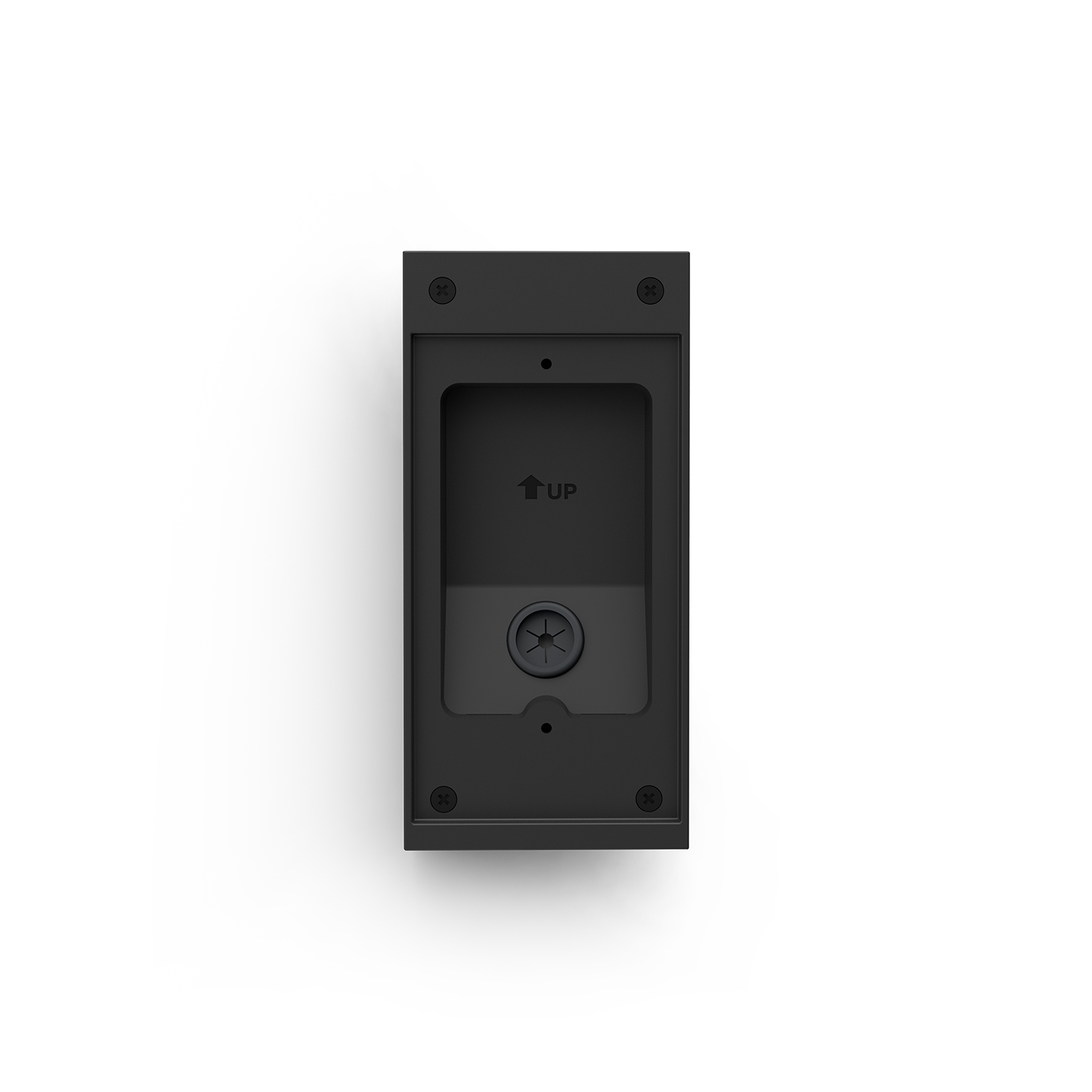 Surface Mount Box (Wired Doorbell Elite 2nd Gen) - Black rectangular doorbell mounting bracket with screw holes and an “UP” arrow, shown front-facing on a white background.
