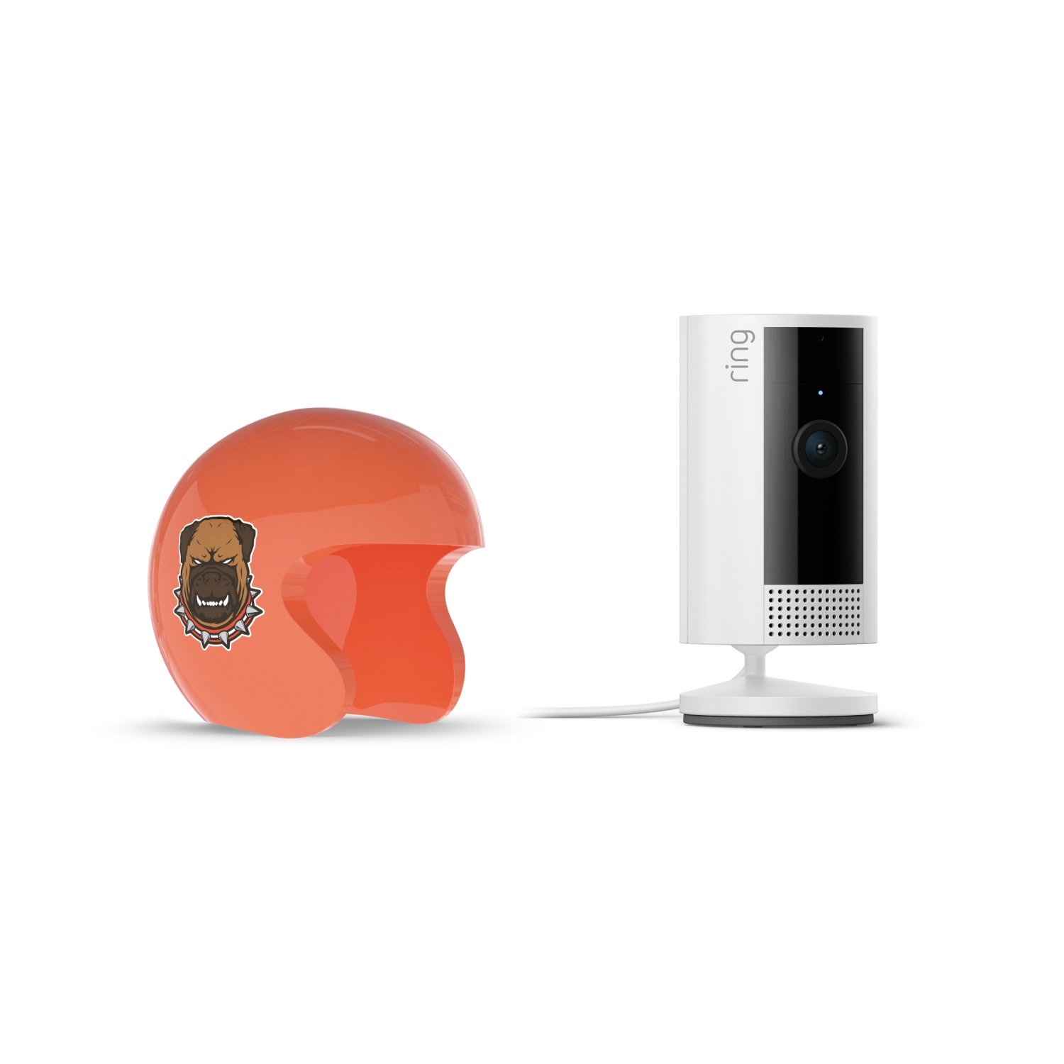 Indoor Cam, White + NFL Game Day Cam Cover — AFC - Orange helmet with a growling dog sticker next to a white Ring indoor camera on a stand with power cord, against a white background.