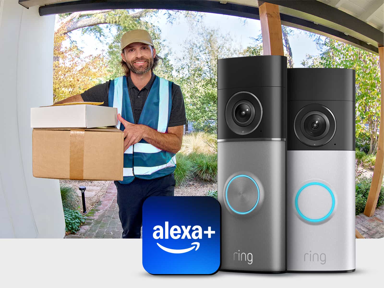 Delivery person with packages at doorstep, captured by Ring doorbell cameras with Alexa+ logo in foreground.