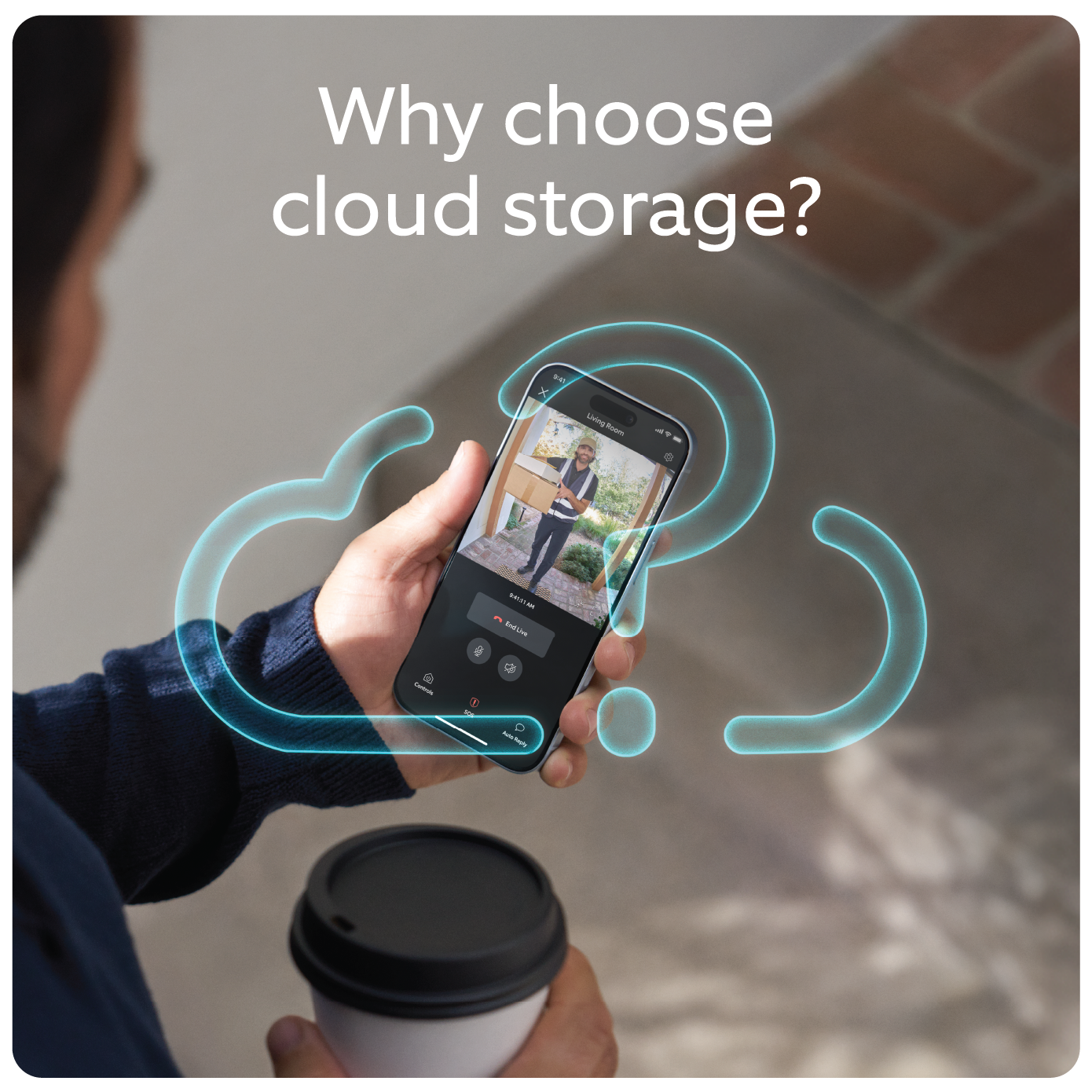 Man holding Ring App with cloud icon and question mark overlay and text 