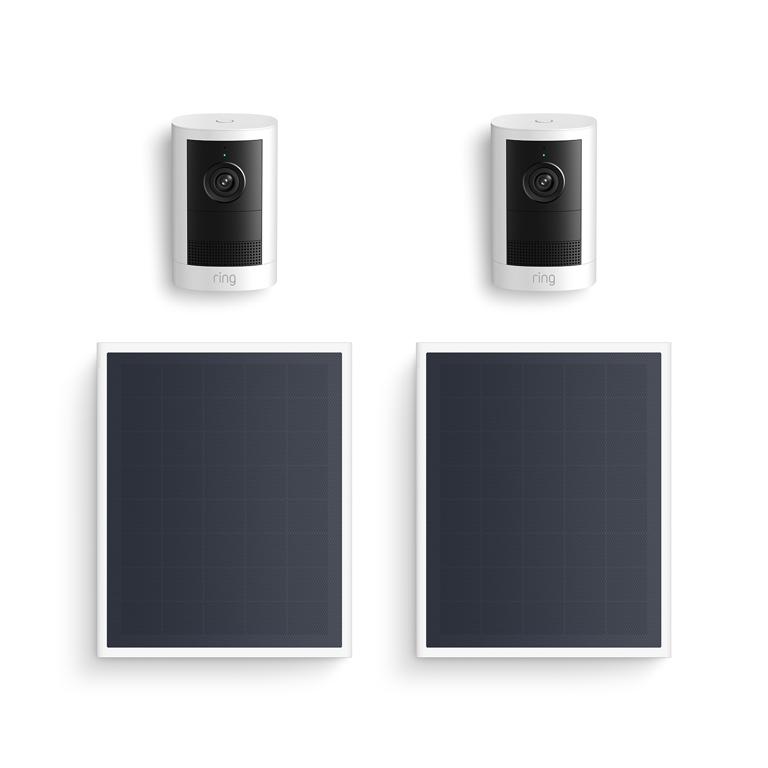 Outdoor Cam 4K Plus  - Two white Ring indoor/outdoor cameras paired with two rectangular black solar panels on a white background.