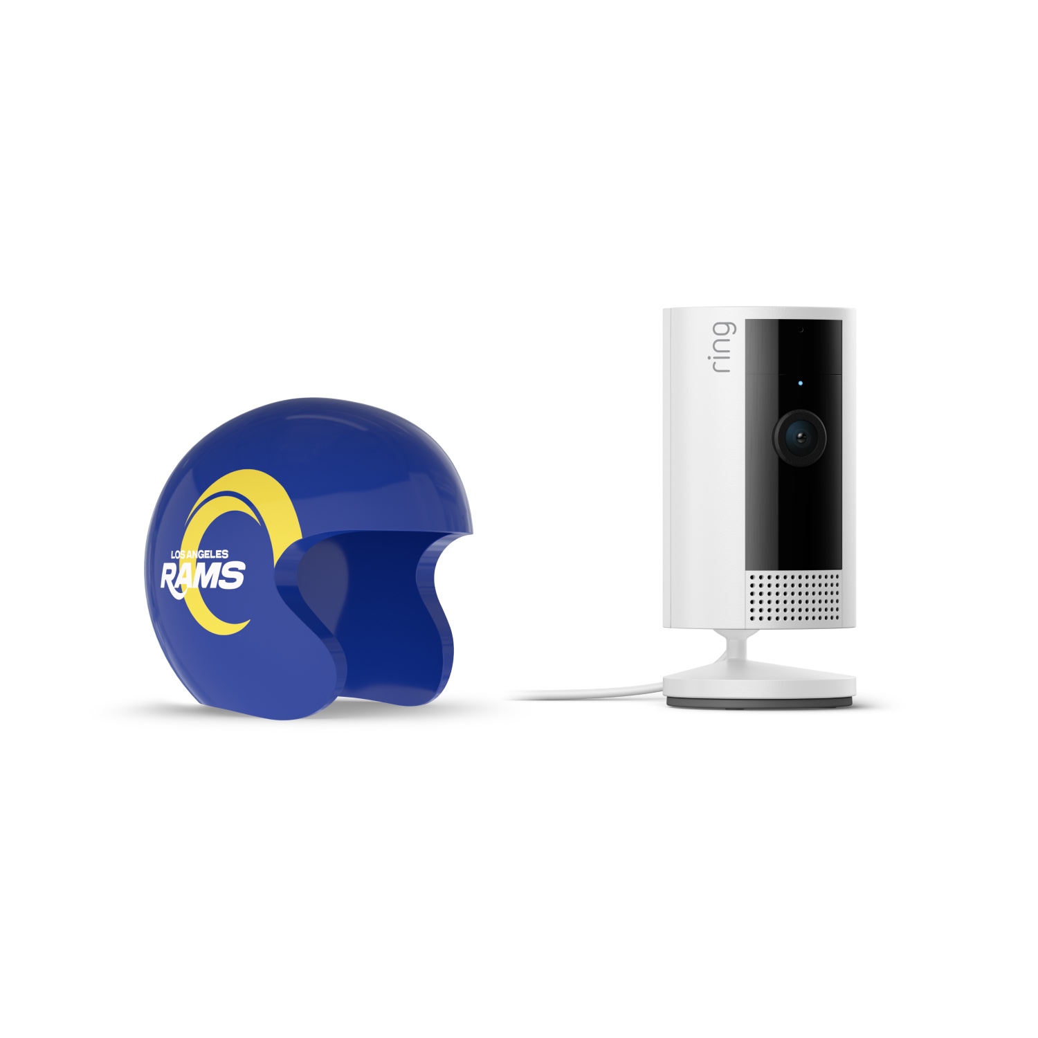 Indoor Cam, White + NFL Game Day Cam Cover — NFC - White Ring indoor camera on a stand beside a blue Los Angeles Rams mini helmet with yellow logo, set against a white background.