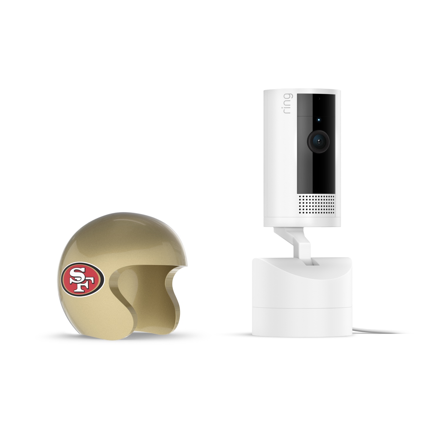 Pan-Tilt Indoor Cam, White + NFL Game Day Cam Cover — NFC - Ring indoor camera on a white stand beside a small gold San Francisco 49ers helmet on a plain white background.