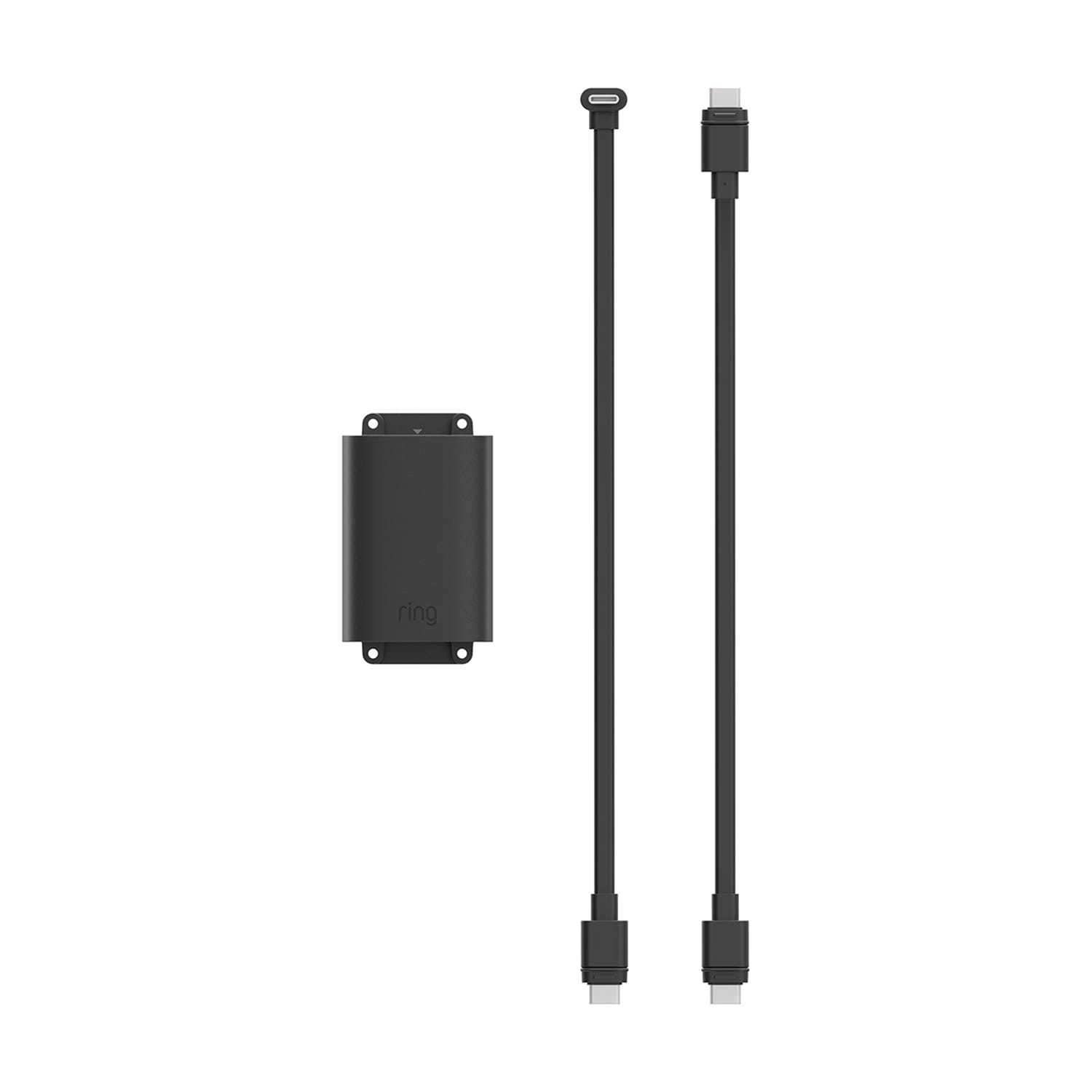 PoE+ to USB-C Indoor Adapter (Indoor Cam 4K, Outdoor Cam 4K Plus, Outdoor Cam 4K Pro, Outdoor Cam Plus) - Black Ring power converter kit with a small wall-mount box and two long black cables featuring USB-C connectors on white background.