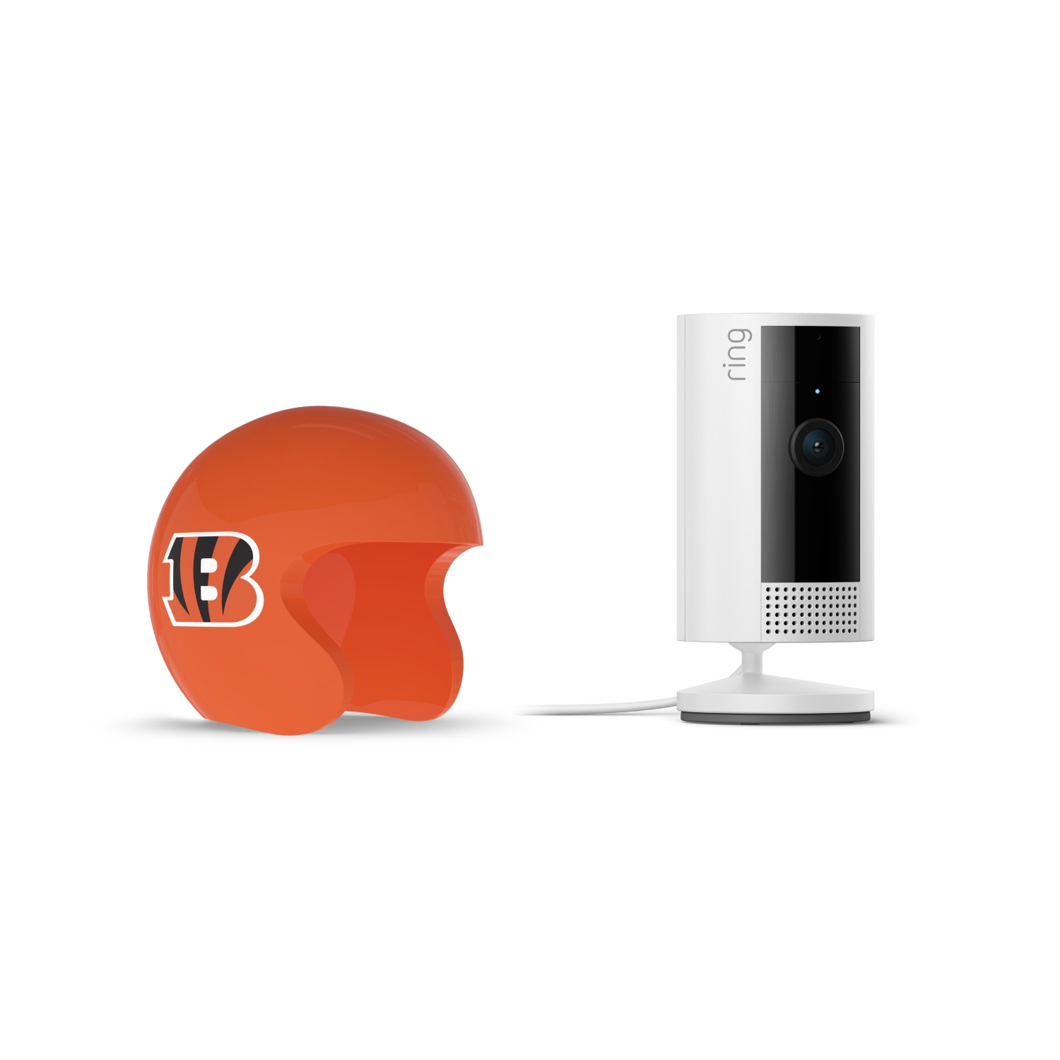 Indoor Cam, White + NFL Game Day Cam Cover — AFC - White Ring indoor camera on a stand next to an orange mini football helmet with a black “B” logo, on a white background.