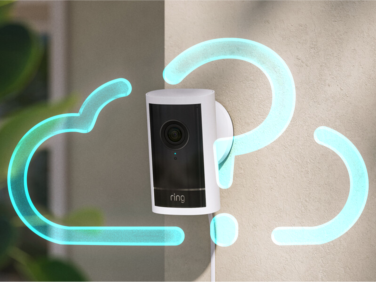 Ring white Outdoor Camera Pro mounted to wall with cloud outline and question mark overlaying image suggesting 