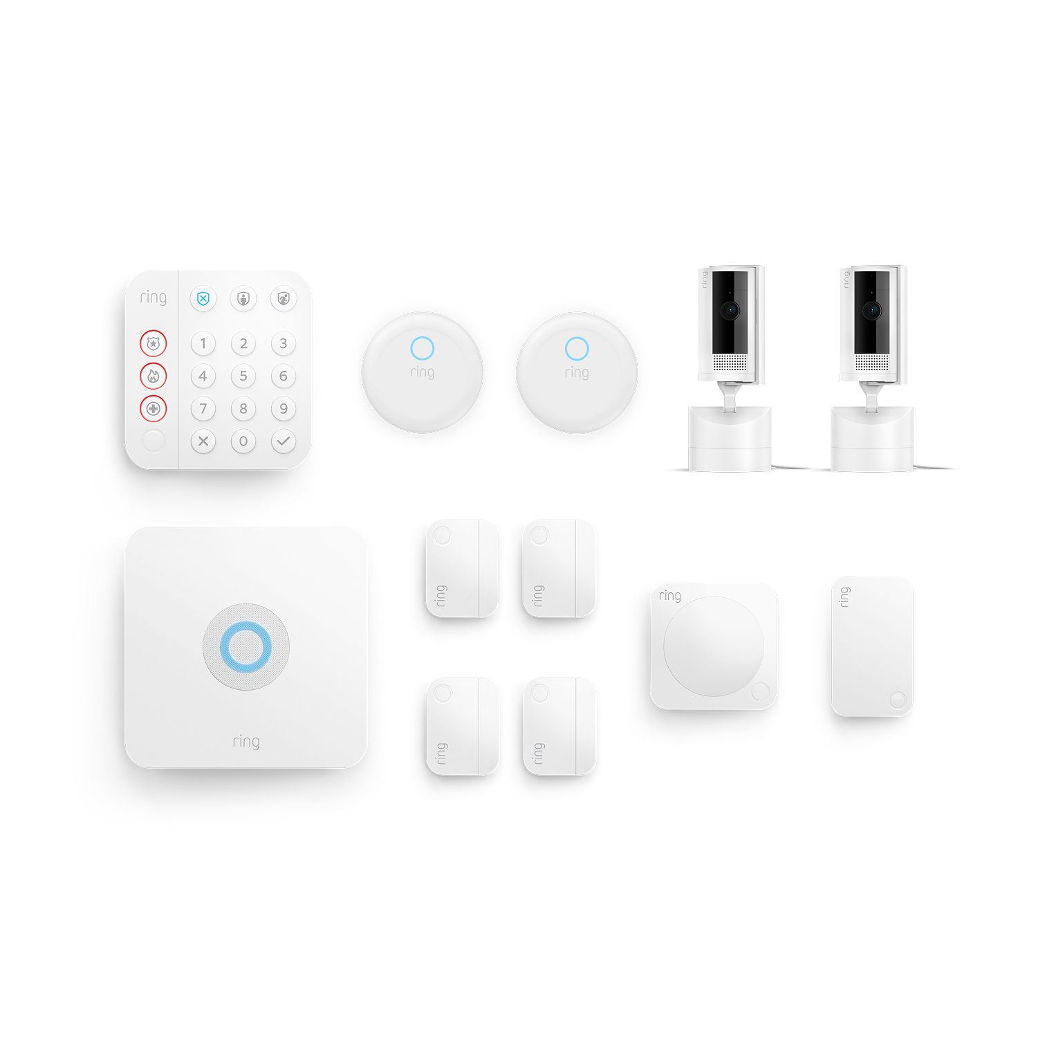 Inside Home Deluxe Kit (Pan-Tilt Indoor Cam, 2-Pack + Alarm Security Kit, 8-Piece + Alarm Flood & Freeze Sensor + Alarm Smoke and CO Listener) - Ring security kit on white background.