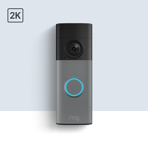 Ring video doorbell with 2K resolution, black top with camera lens, gray body, and blue illuminated button.