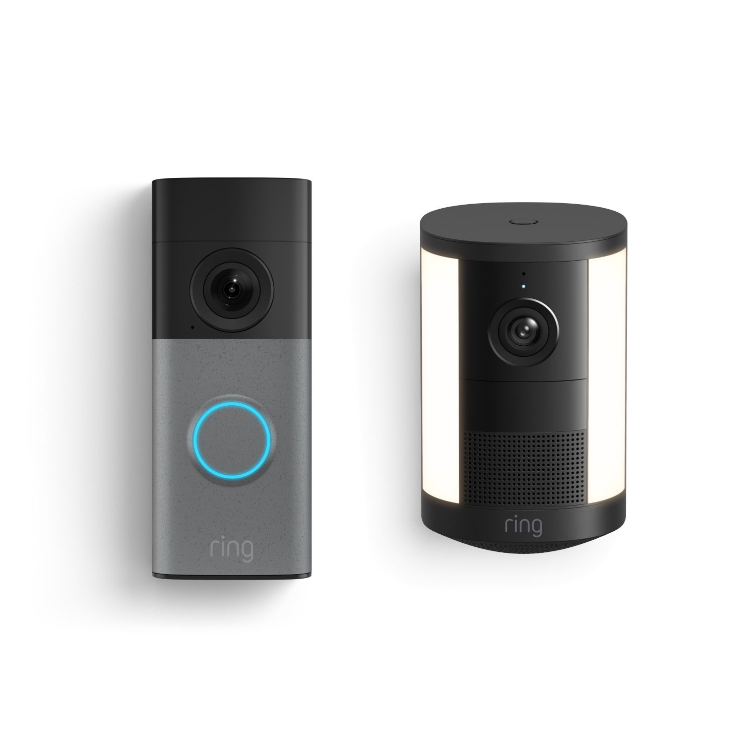 Wired Doorbell (Newest Model) + Spotlight Cam (Newest Model)  - A gray video doorbell with a glowing blue ring and a black cylindrical camera with dual light panels.