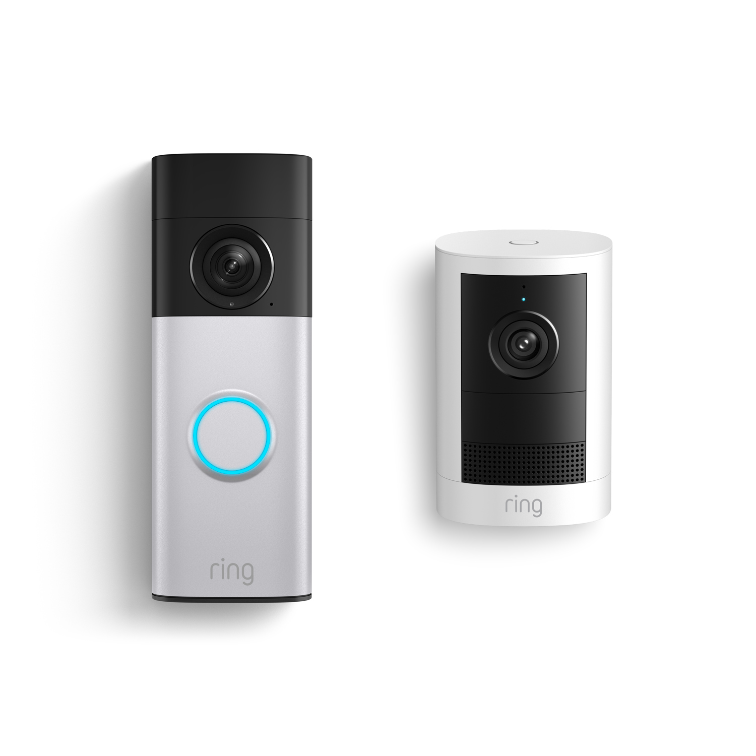 Battery Doorbell 2K Plus + Outdoor Cam 2K, Battery - Ring Battery Doorbell 2K Plus in Nickel Silver with Outdoor Cam 2K, Battery in White.
