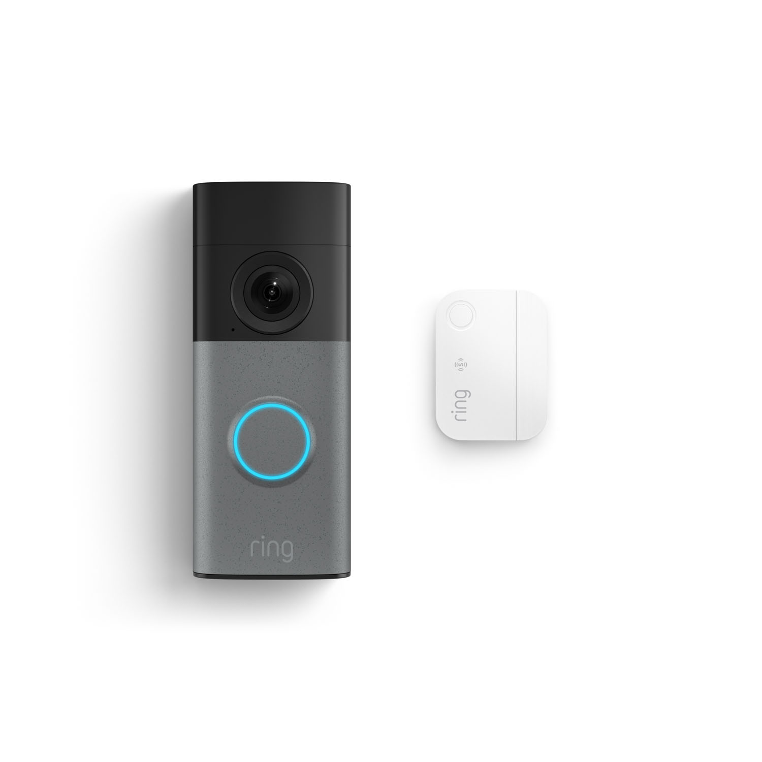 Wired Doorbell (Newest Model) + Window and Door Sensor (Newest Model)  - Ring video doorbell with black camera top, gray body, and glowing blue button, shown next to a small white Ring chime module.