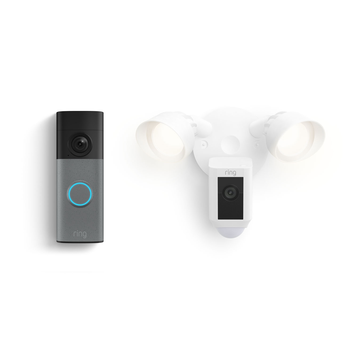 Battery Doorbell (Newest Model) + Floodlight Cam Plus, Wired - Ring smart doorbell with glowing blue ring next to a white floodlight camera with two lamps, shown against a clean white background.