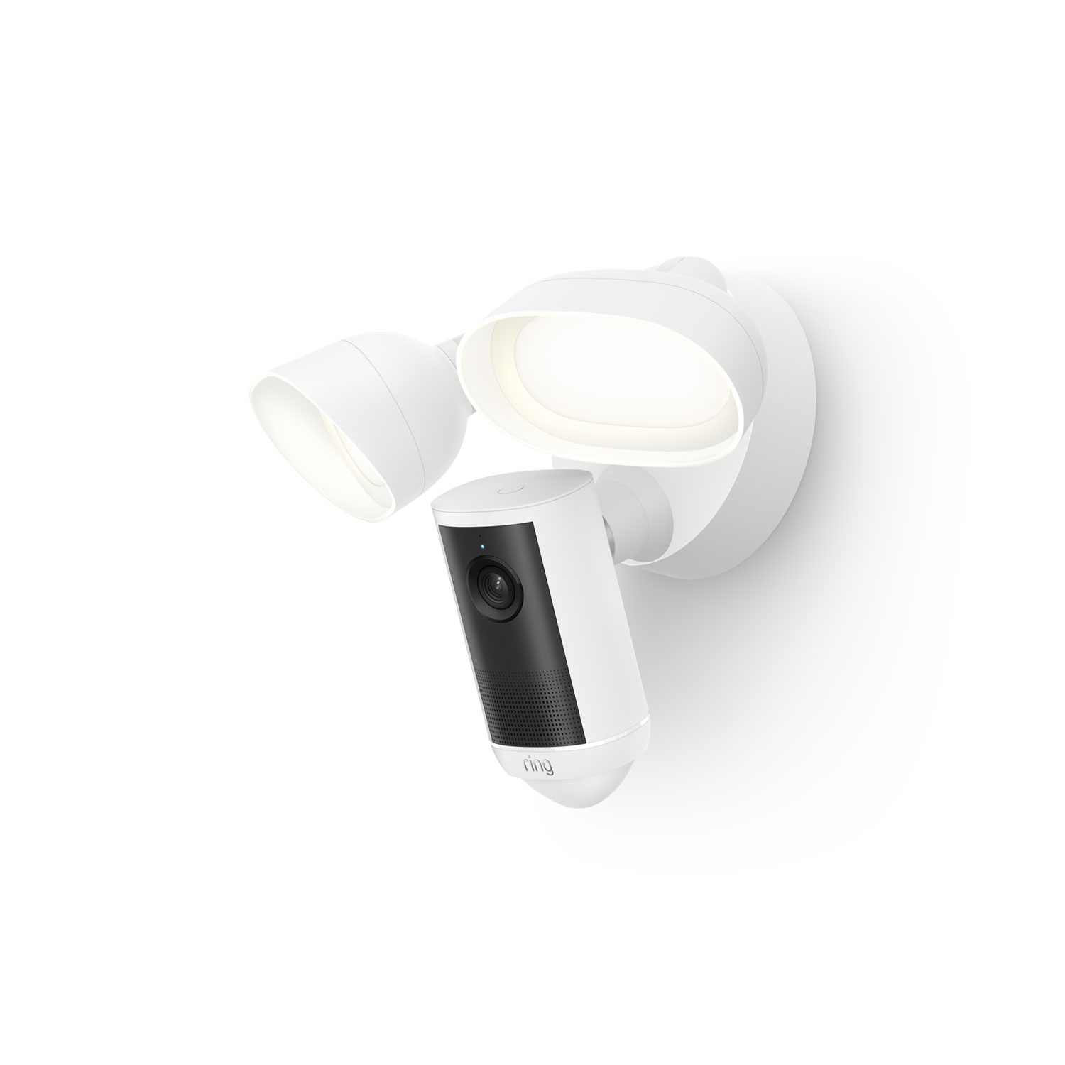 Floodlight Cam 4K Plus - White wall-mounted security floodlight with integrated black-and-white camera unit, two adjustable LED lamps, minimal background.