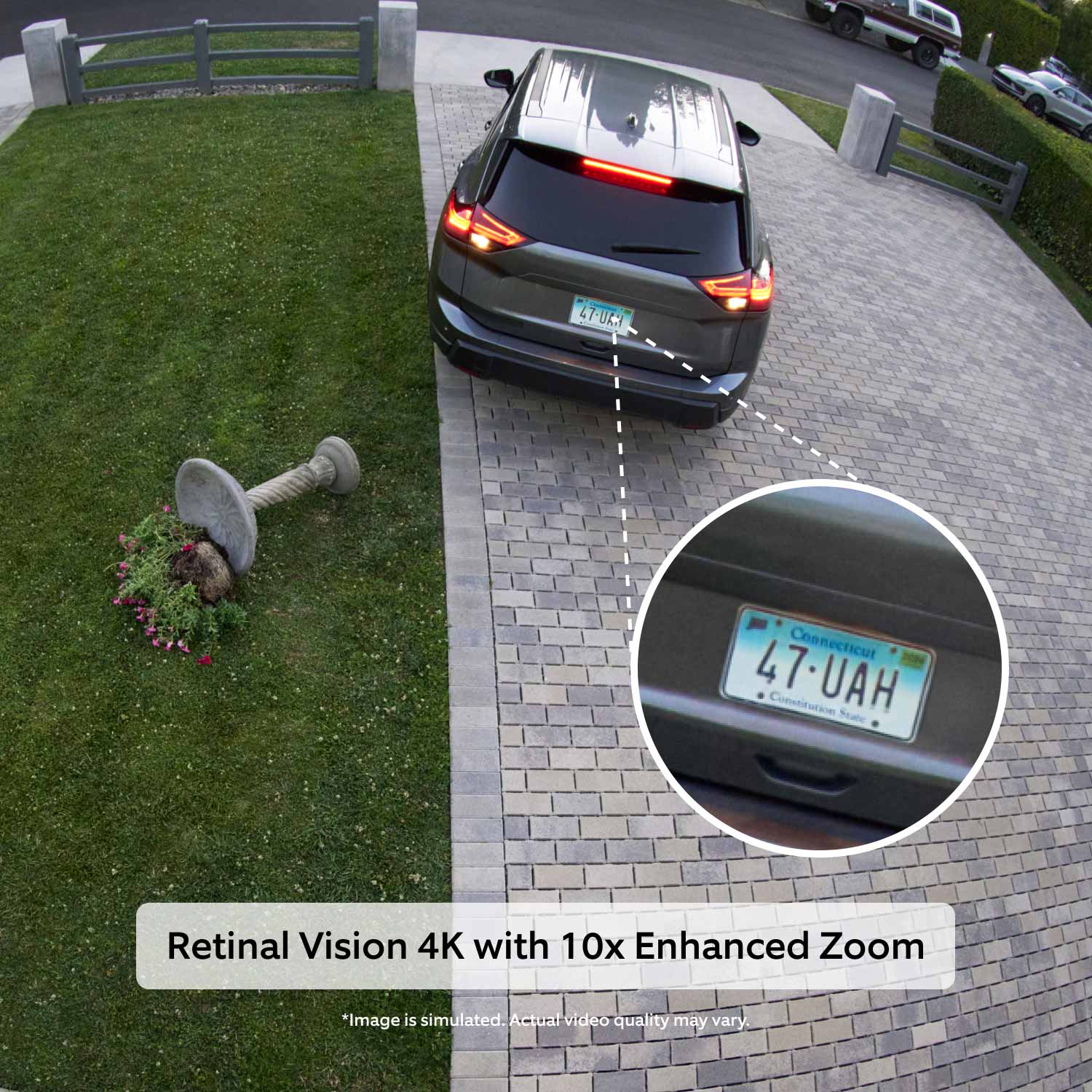 Outdoor Cam Pro (Featuring Retinal 4K) - A view of a Ring Camera zooming into a car's license plate as it backs up into a decorative plant stand.