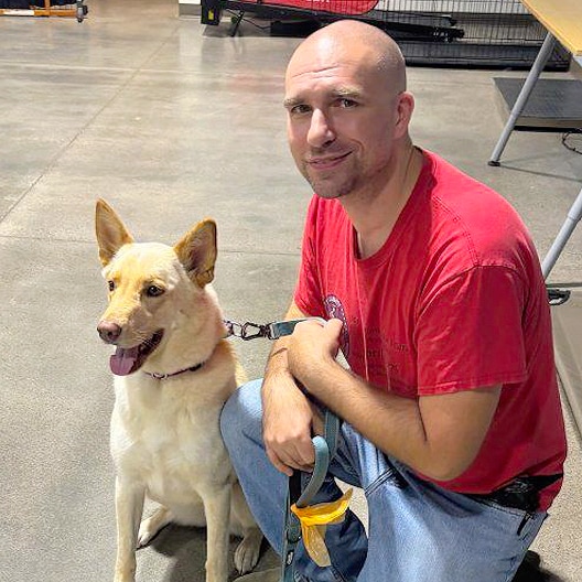 Person in red t-shirt kneeling beside a cream-colored dog with pointed ears in an indoor space with concrete floor.
