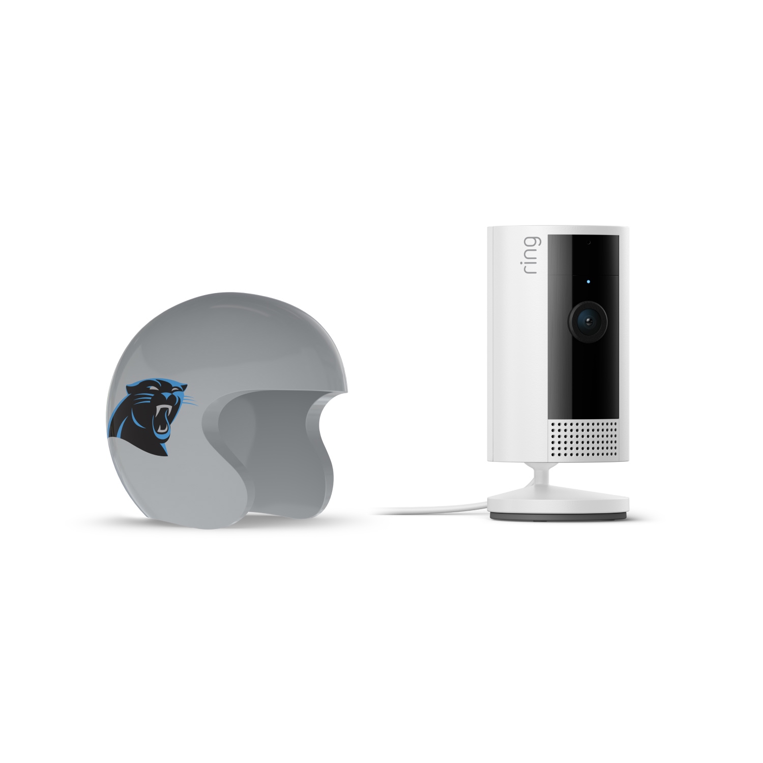 Indoor Cam, White + NFL Game Day Cam Cover — NFC - Ring indoor camera beside a gray mini football helmet with a black-and-blue panther logo on a white background.