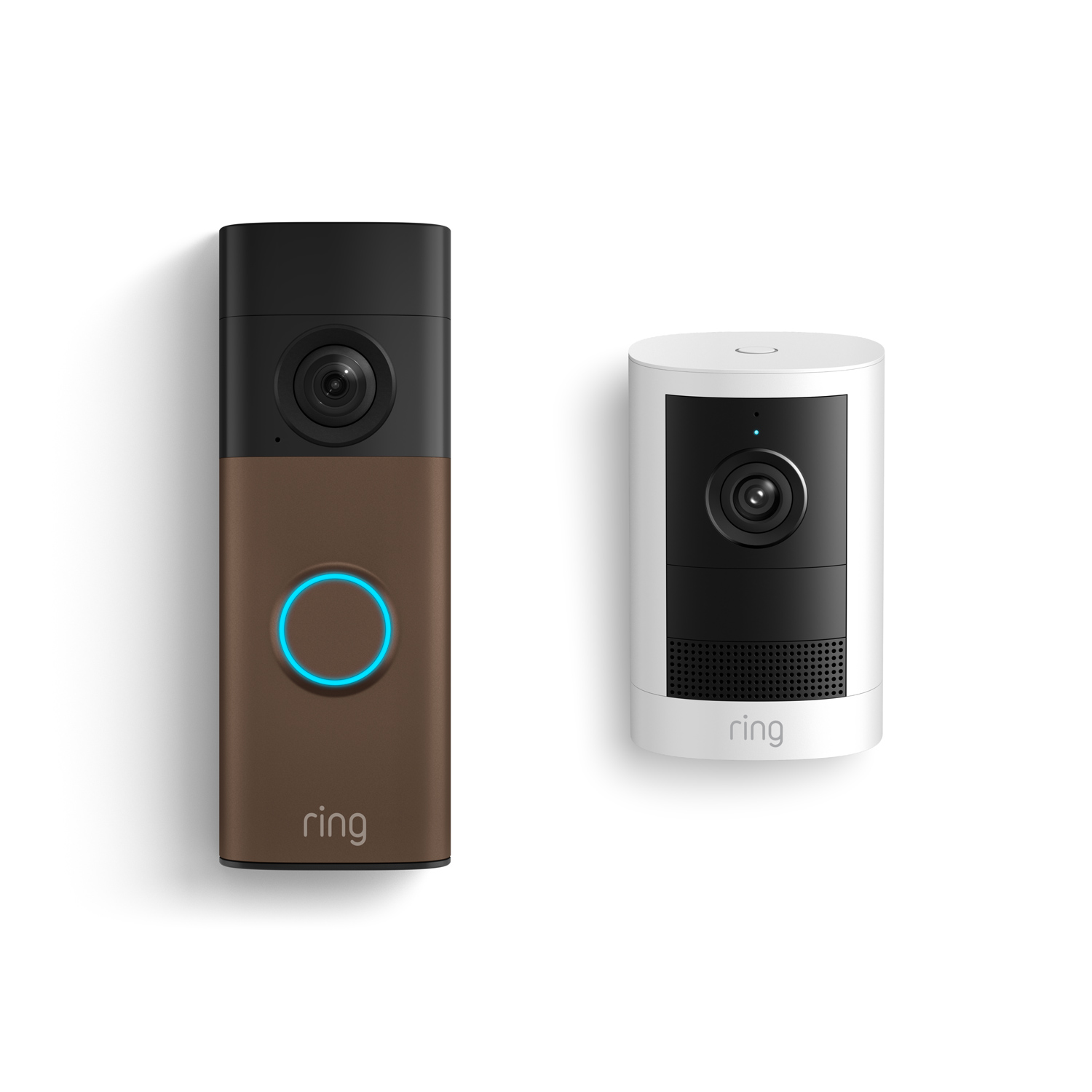 Battery Doorbell 2K + Outdoor Cam 2K, Battery - Ring Battery Doorbell 2K in Matte Mocha with Outdoor Cam 2K, Battery in White.