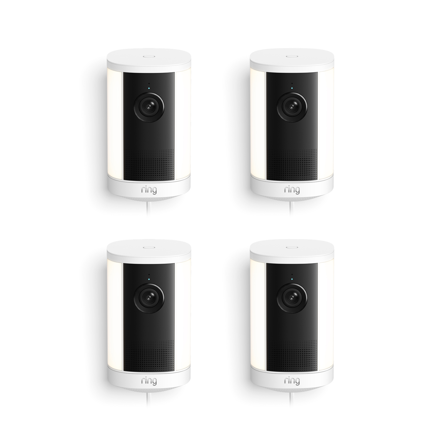 Spotlight Cam 4K Plus - Set of four white and black Ring spotlight cameras with cylindrical design, front lens, speaker grille, and cords against a white background.