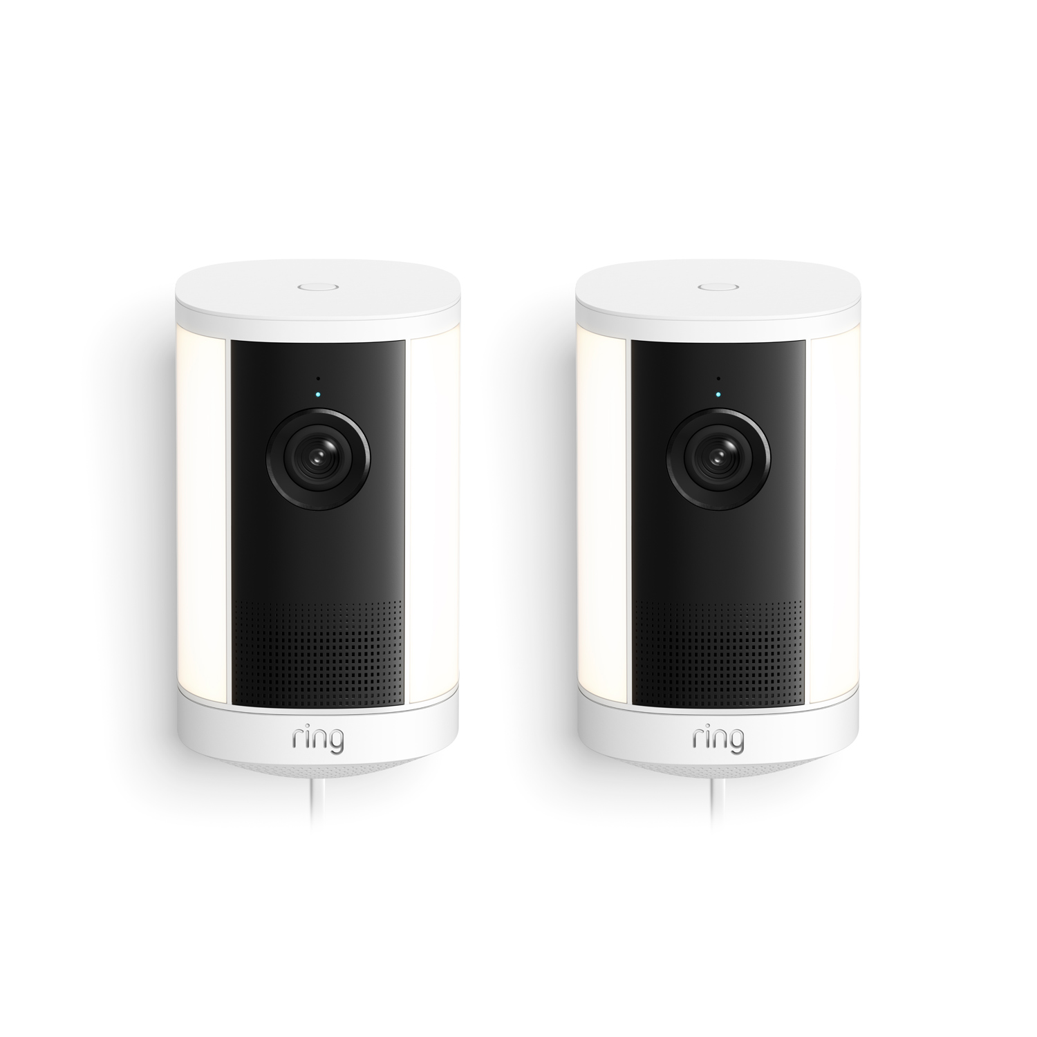 Spotlight Cam 4K Plus - Two white cylindrical Ring spotlight cameras with black fronts and integrated lights, shown side by side on a white background.