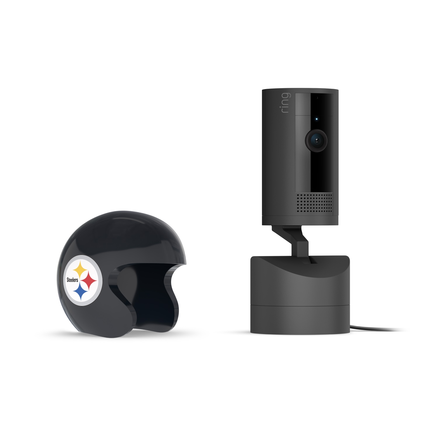 Pan-Tilt Indoor Cam, Black + NFL Game Day Cam Cover — AFC - Black Ring pan-tilt indoor camera on a stand beside a glossy black mini helmet with the Pittsburgh Steelers logo, on a white background.