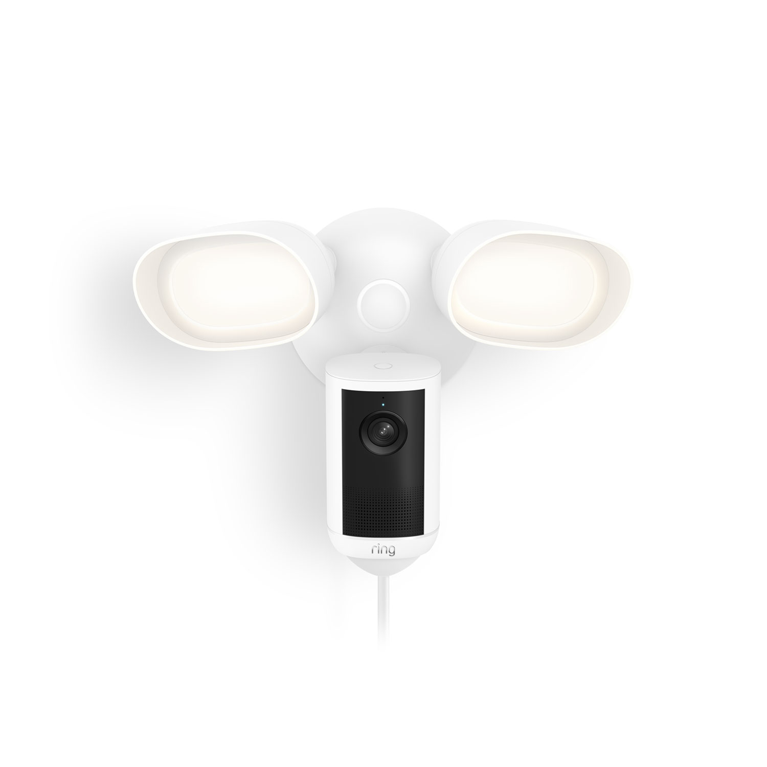 Floodlight Cam 4K Plus - White Ring floodlight with built-in camera, two bright LED lamps angled outward, and a wired design against a plain background.