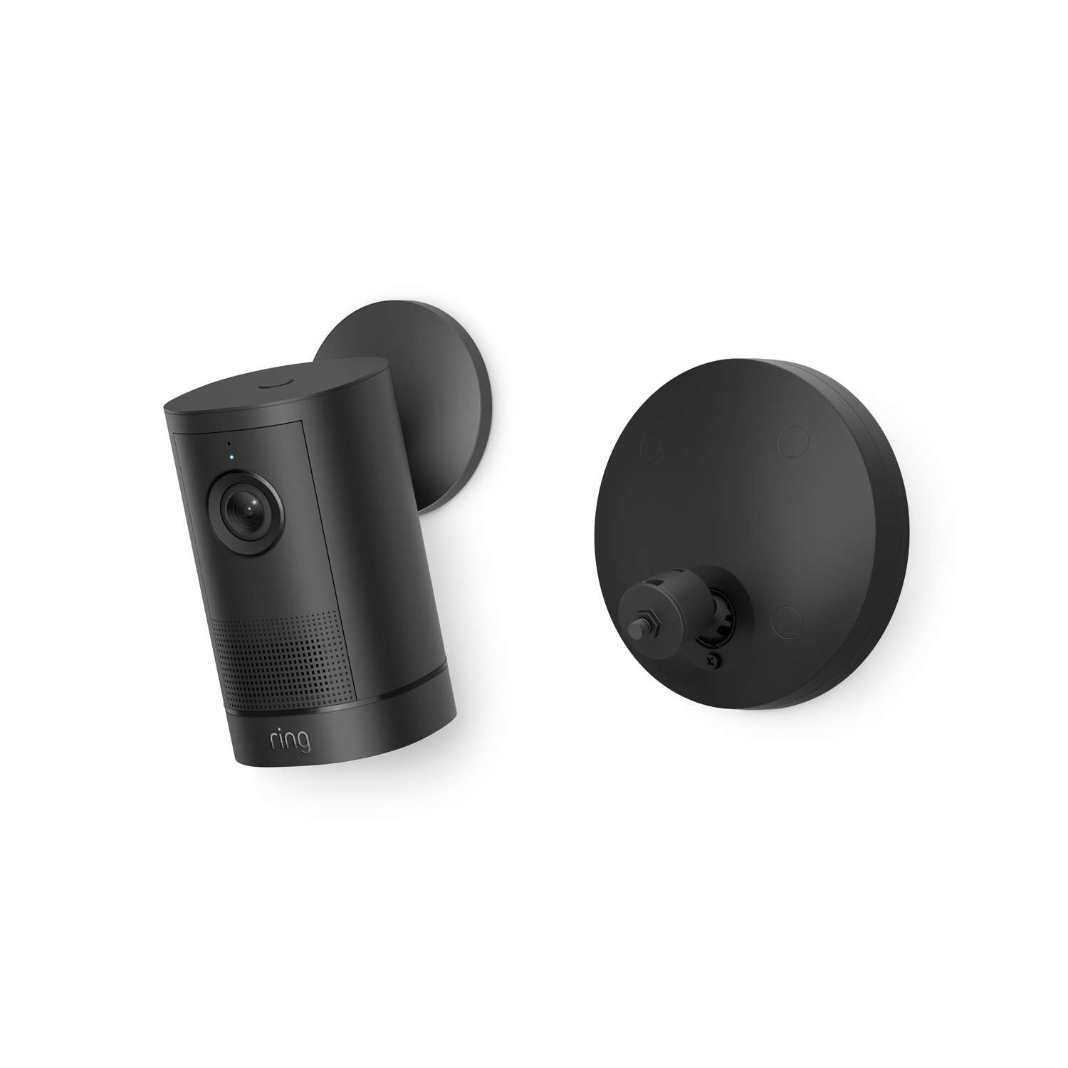 Outdoor Cam 4K Plus  - Black Ring outdoor security camera and round wall mount on a white background, showing lens, speaker grille, and logo.