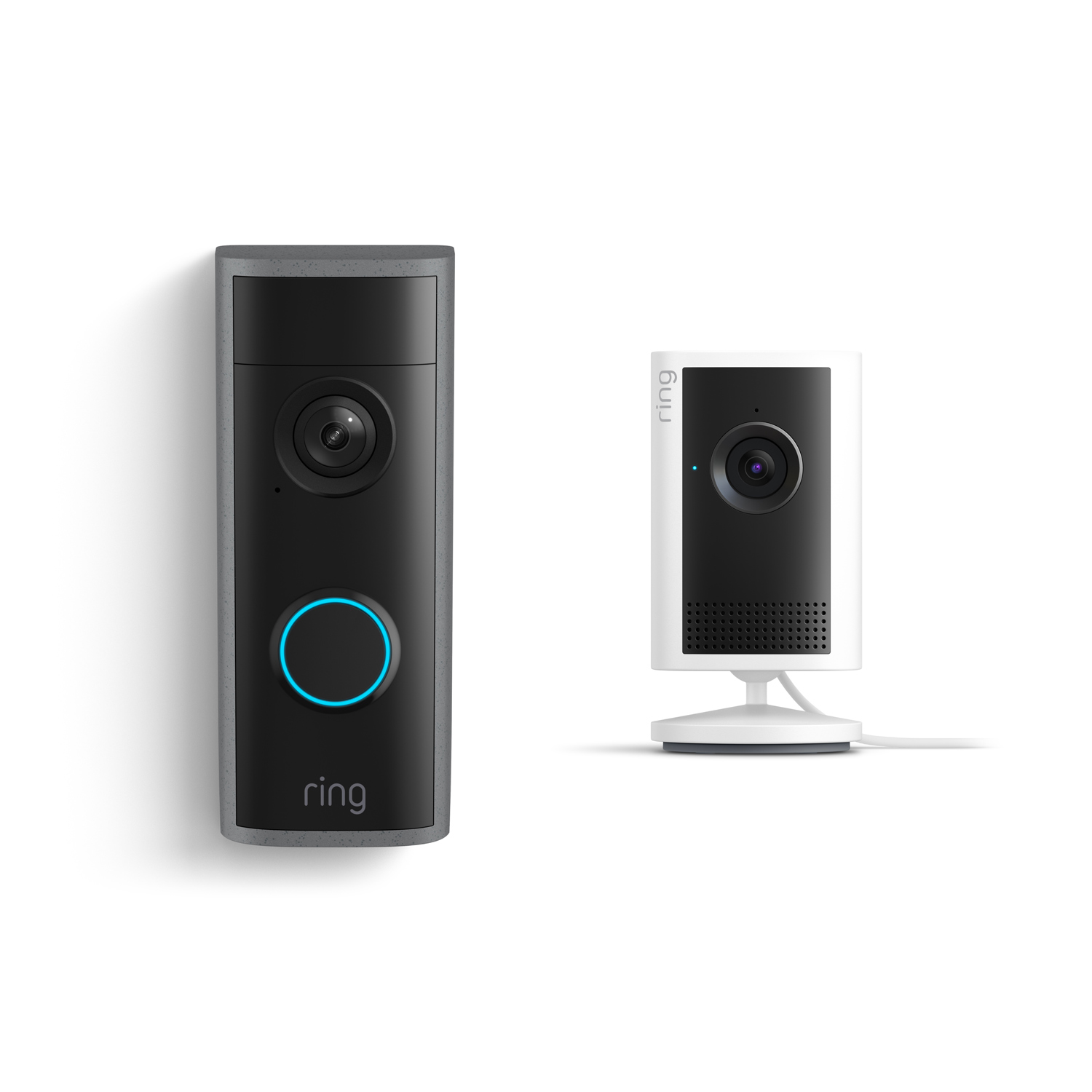 Peephole Cam 2K + Indoor Cam 2K - Black Ring video doorbell with blue-lit button beside a white indoor Ring camera on a stand, both against a white background.