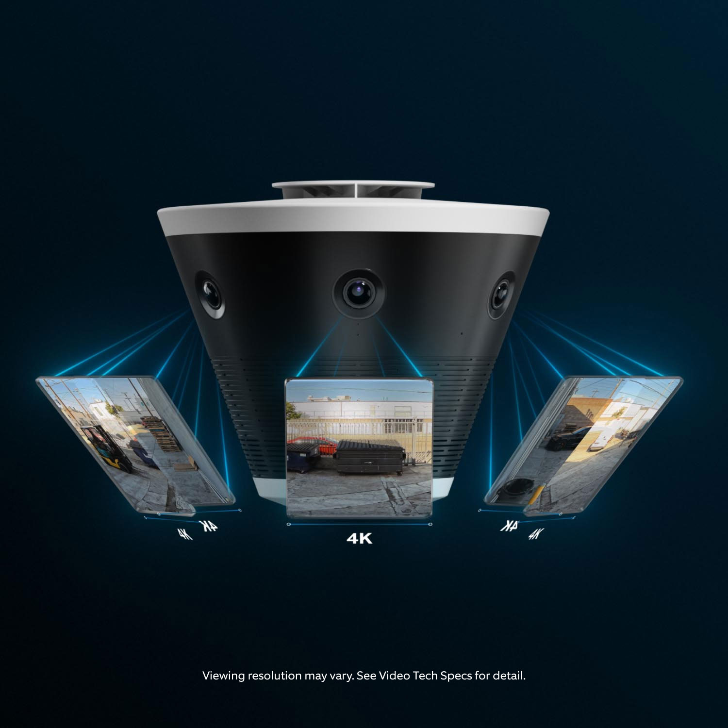 Ring Elite 270 4K - Close-up of a multi-lens 4K security camera, with three sample video frames projected below showing clear outdoor parking lot scenes.
