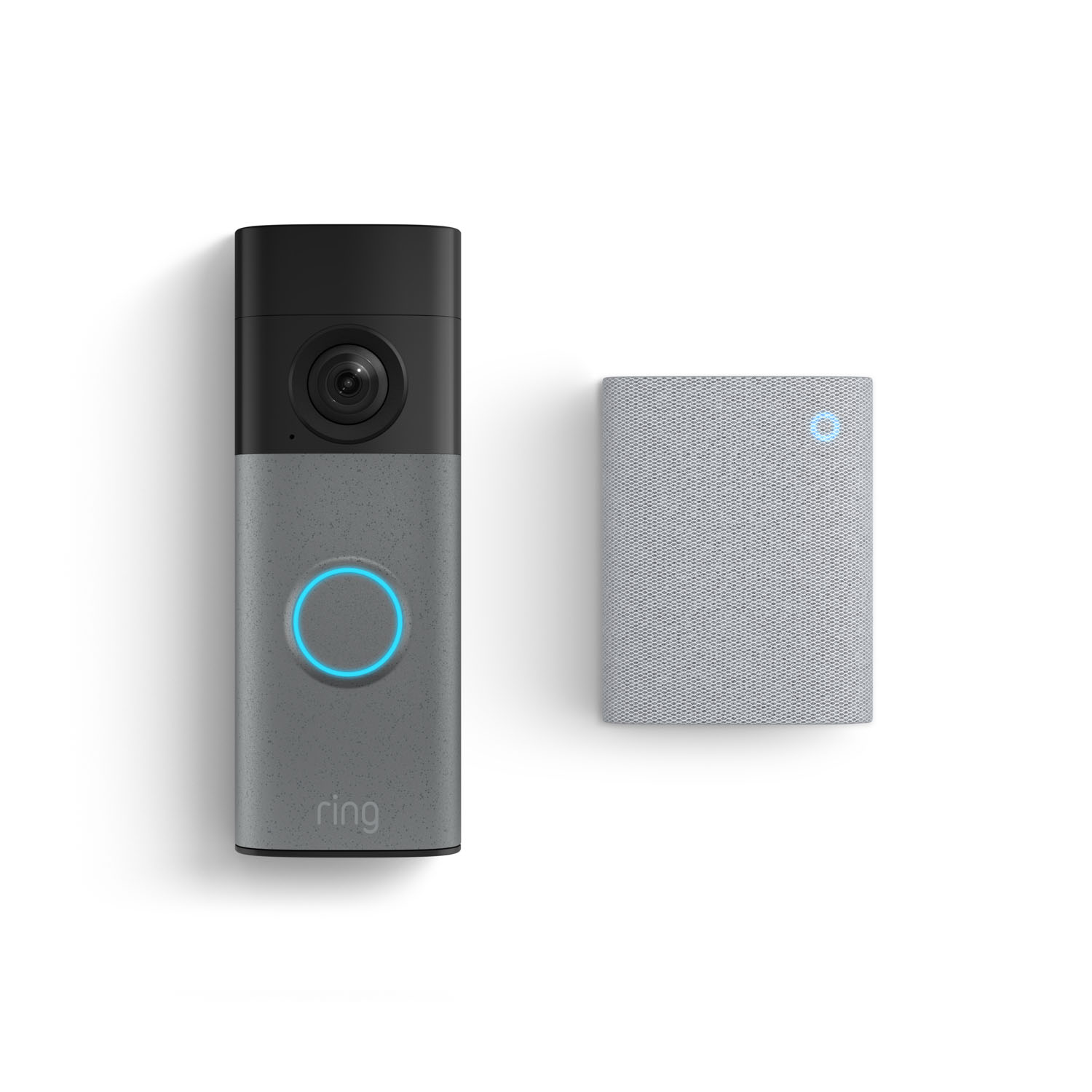 Battery Doorbell (Newest Model) + Chime (Newest Model) - Black and gray smart doorbell with camera and glowing blue ring beside a small gray chime with a blue LED indicator.