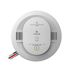 White Kidde smoke and carbon monoxide alarm with round body, test button, status light, and exposed red, black, and white wires.