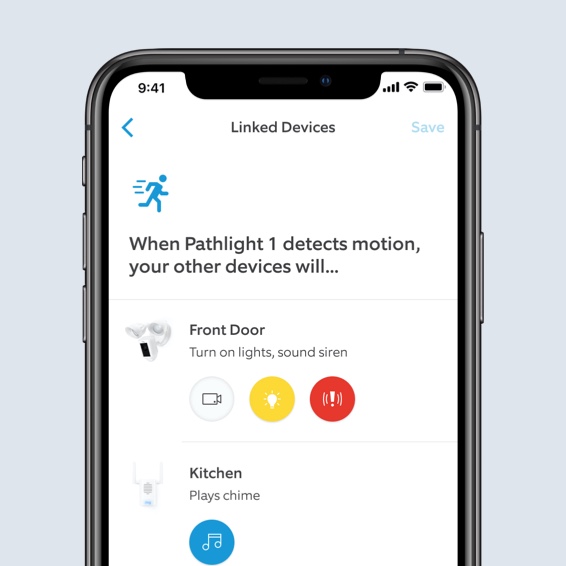 Smartphone displays Ring App Linked Devices settings, showing automation options for connected devices.