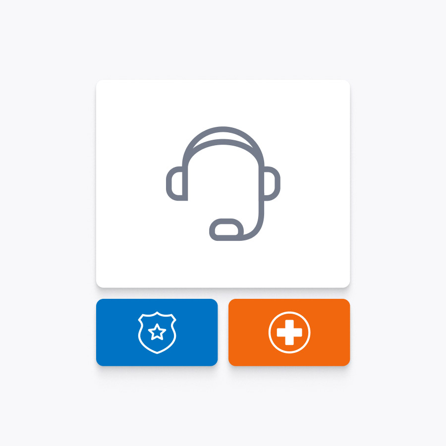 Illustrated image of a phone headset with a blue shield below next to an orange cross. 