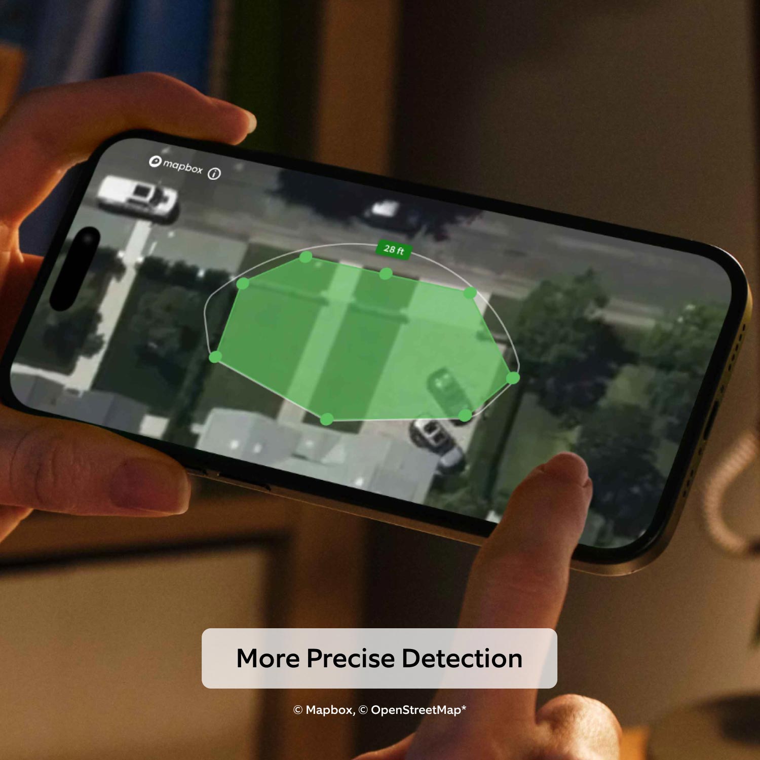 Outdoor Cam Pro (Featuring Retinal 4K) - Hands holding a horizontal phone. Screen shows a top-down view of a home with a green outline showing the range of 3D Motion Detection. Text reads “More precise detection.