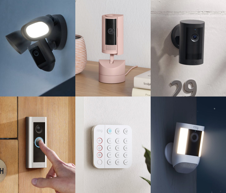 Image collage showing various Ring features and products.
