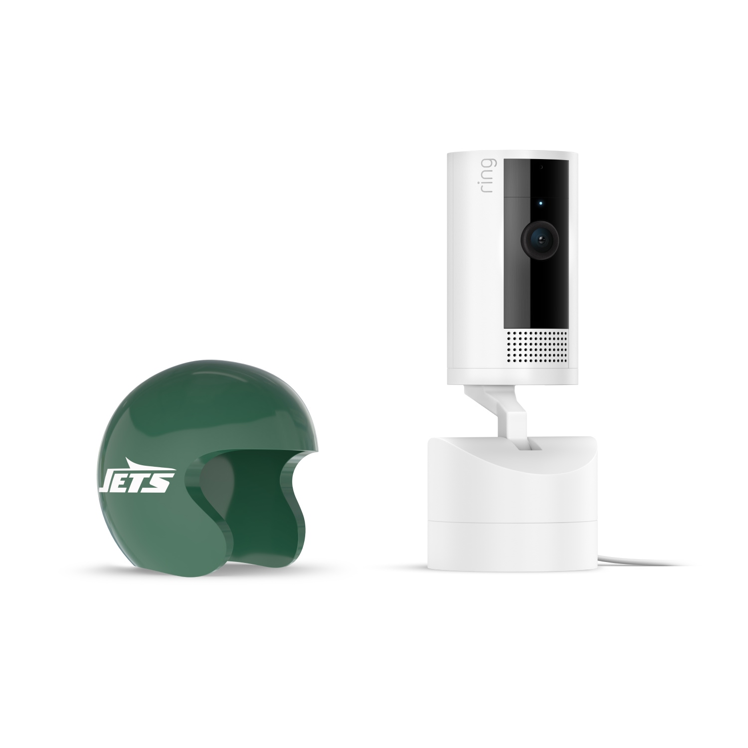 Pan-Tilt Indoor Cam, White + NFL Game Day Cam Cover — AFC - White Ring indoor camera on a stand beside a green Jets mini helmet cover on a plain white background.