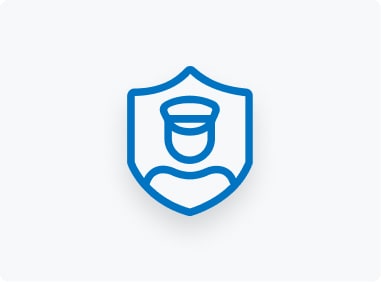Blue outline icon of a shield with a simple figure wearing a peaked cap, symbolizing security or law enforcement, on a light gray background.