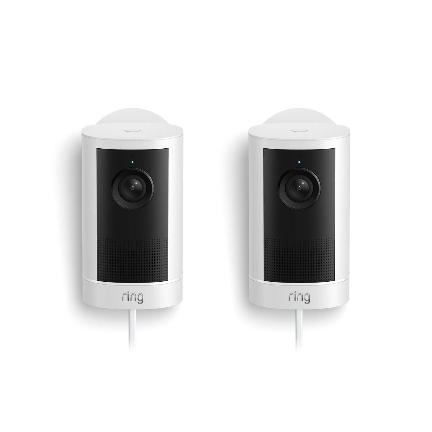 Outdoor Cam 4K Plus  - Two white Ring outdoor plug-in cameras with black fronts, lenses centered, speaker grills below, shown side by side on a white background.