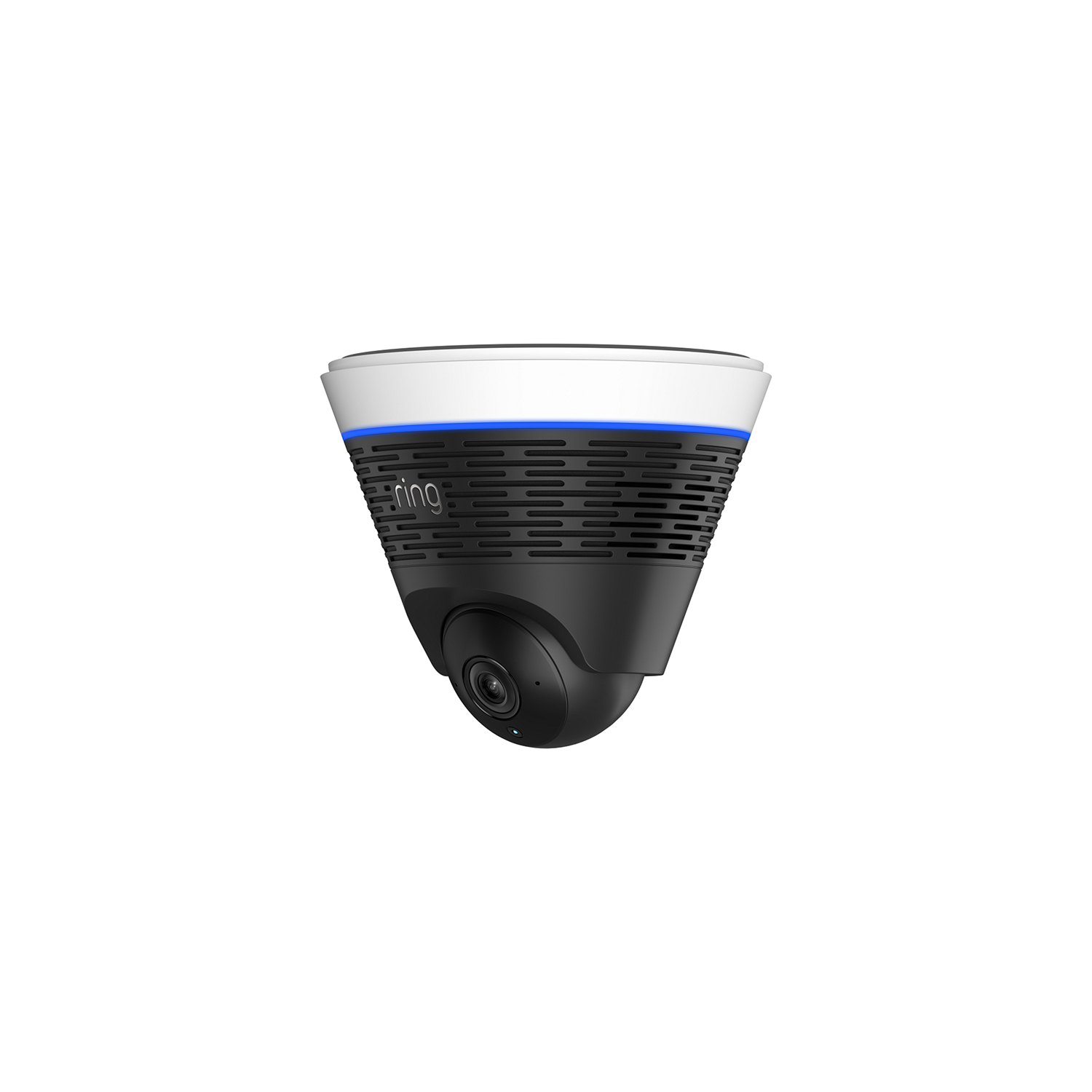 Ring Dome Cam 4K - Black and white mounted Ring dome camera with blue status light and adjustable lens, isolated on a white background.