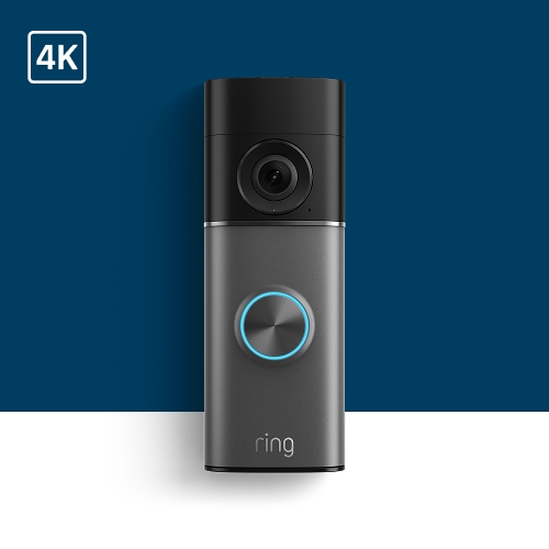 Ring doorbell camera with 4K resolution, featuring a black camera lens and circular blue-lit button on a gray device.