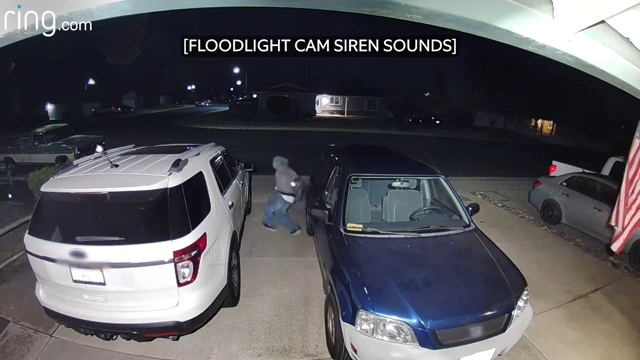 A person walks onto the driveway and kneels down beside a vehicle. They look under the vehicle and proceed to take off backup when siren is triggered and they run away