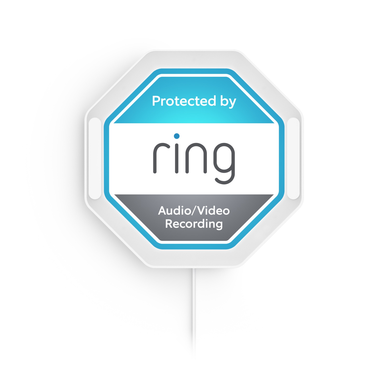 Ring Indoor Illuminated Sign - Blue and white octagonal Ring sign with text “Protected by Ring” and “Audio/Video Recording,” mounted on a white background.