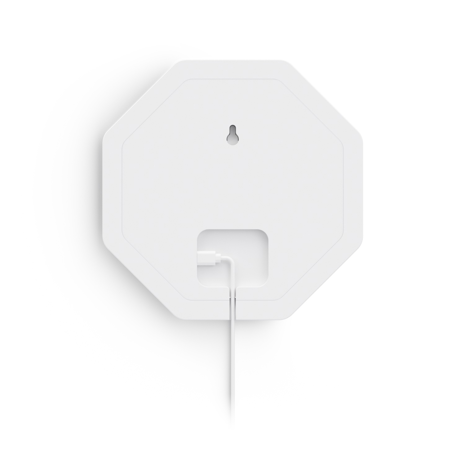 Ring Indoor Illuminated Sign - Back view of a white octagonal device with wall-mount keyhole and recessed power port, cable plugged in and hanging downward.