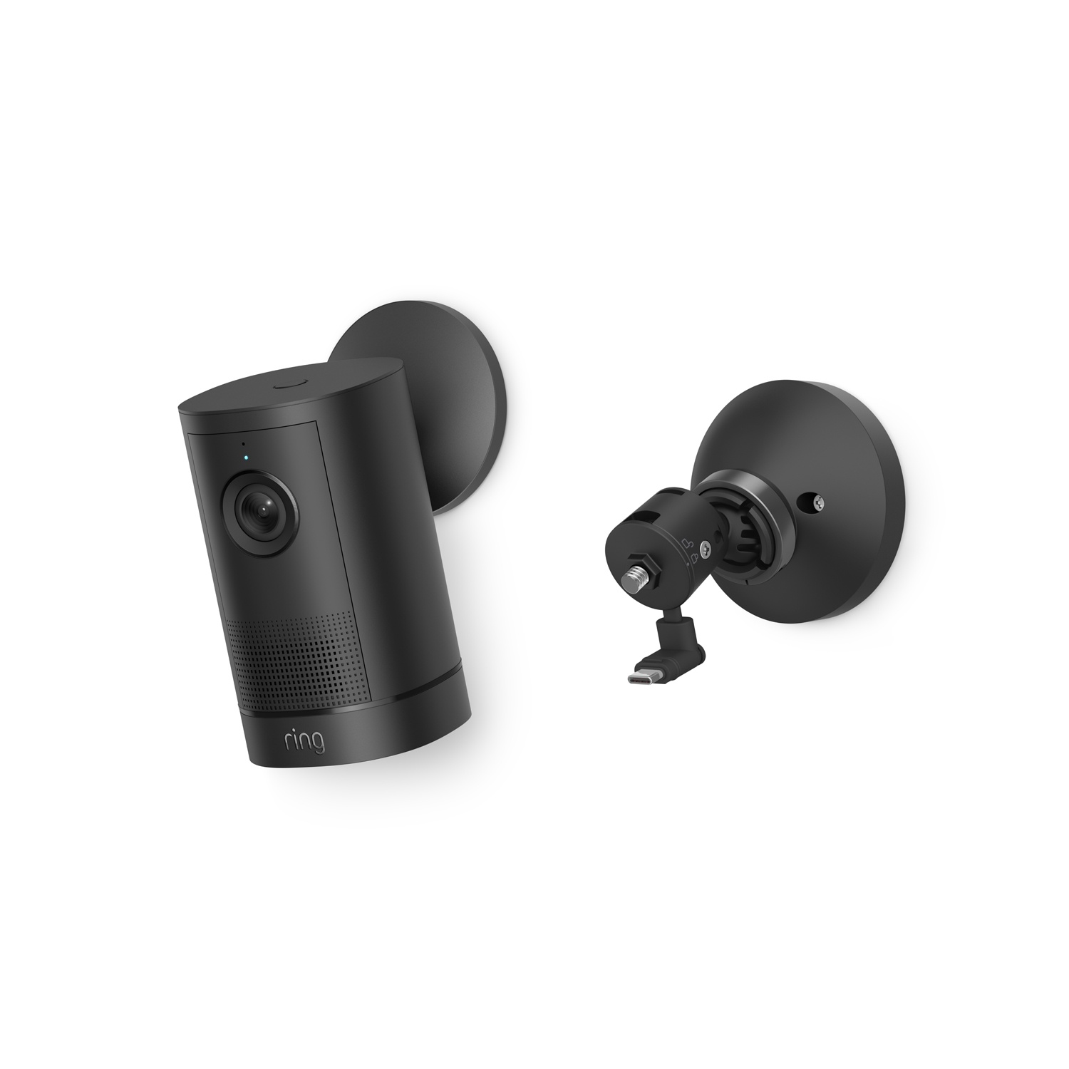 Outdoor Cam 4K Plus  - Black Ring Outdoor Cam and wall mount shown on white background, highlighting compact cylindrical design and adjustable bracket.
