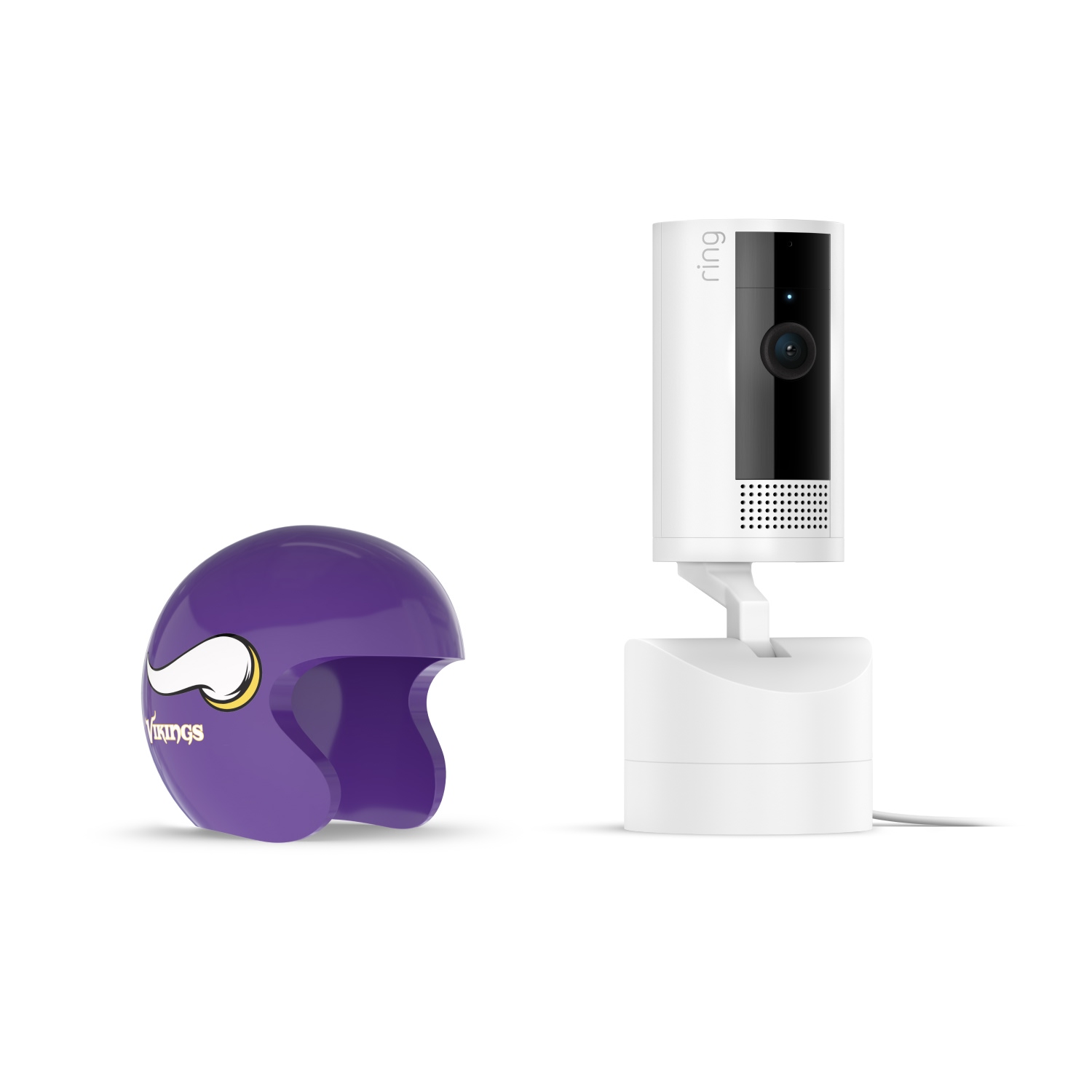 Pan-Tilt Indoor Cam, White + NFL Game Day Cam Cover — NFC - White Ring indoor camera on a stand beside a small purple football helmet with a stylized horn logo, on a white background.
