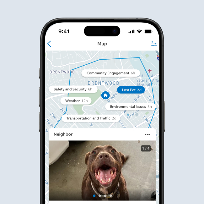 Smartphone screen displaying Ring app dashboard, showing a map and a picture of a brown dog.
