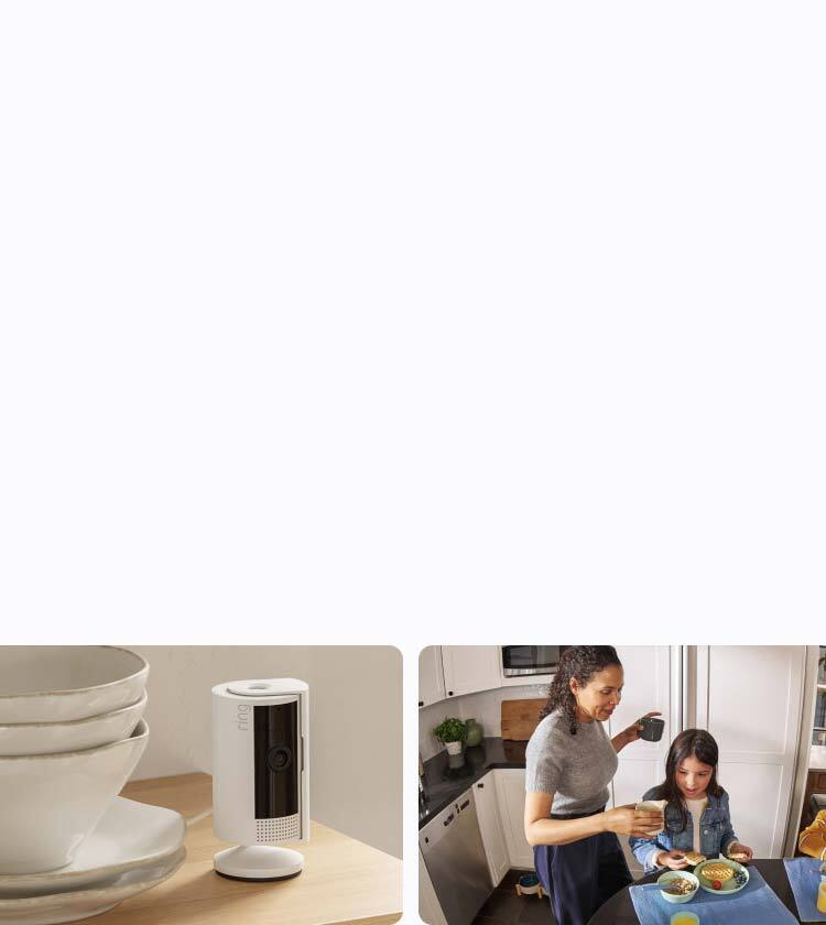 Collage of Ring devices showing a video doorbell, kids greeting an adult at the door, a white indoor camera on a table, and a cat reaching.